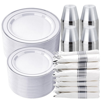 Service de vaisselle 350 pièces en plastique blanc et argent pour 50 personnes, 100 assiettes jetables pour la fête, 50 serviettes pré-roulées avec argenterie, 50 tasses