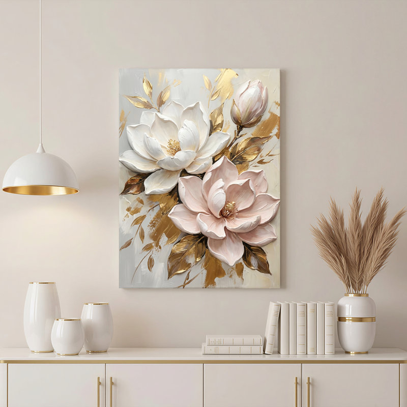 Tableau mural sur toile tendue à motif floral magnolia et accents dorés, idéal pour le salon, la chambre à coucher et la décoration intérieure.