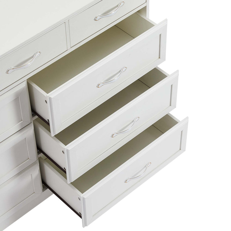 Commode 9 tiroirs avec poignées antiques, commode en bois, Blanc