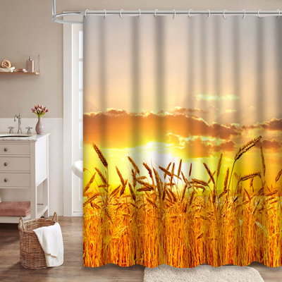 Wheat Sunset Farm Landscape Yellow Ecology Shower Curtain with 12 Hooks