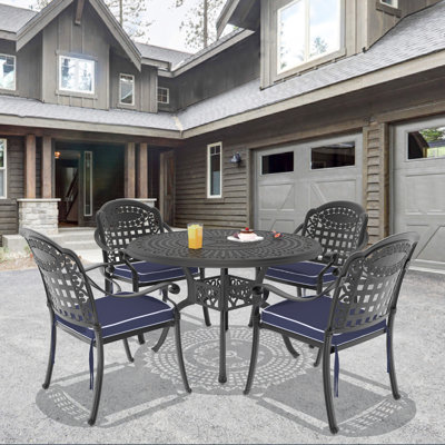 47.24-inch  Round Table Cast Aluminum Outdoor Dining Set with Umbrella Hole and Blue Cushions