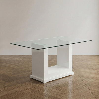 Coetta Rectangular Glass Top with Solid Wood Base Dining Table
