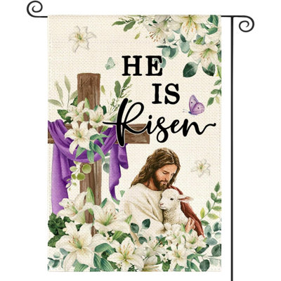 He Is Risen Easter Garden Flag  Double Sided Outside, Jesus Lamb Cross And Lily Flowers Yard Outdoor Flag