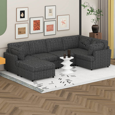 Modern 127" U-Shaped Sectional Sofa With Movable Ottoman, Chenille 6-Seat Convertible Modular Corner Couch Set With Deep Seat