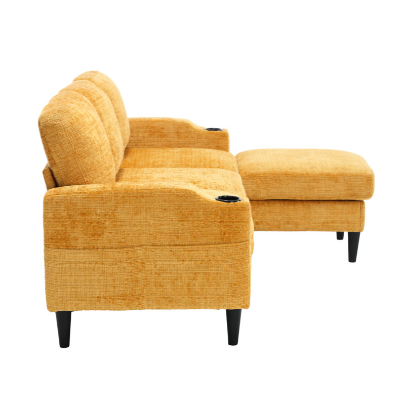 Canapé modulaire jaune avec porte-gobelet et rangement, 3 chenilles pour le salon, rangement confortable, décoration, Jaune