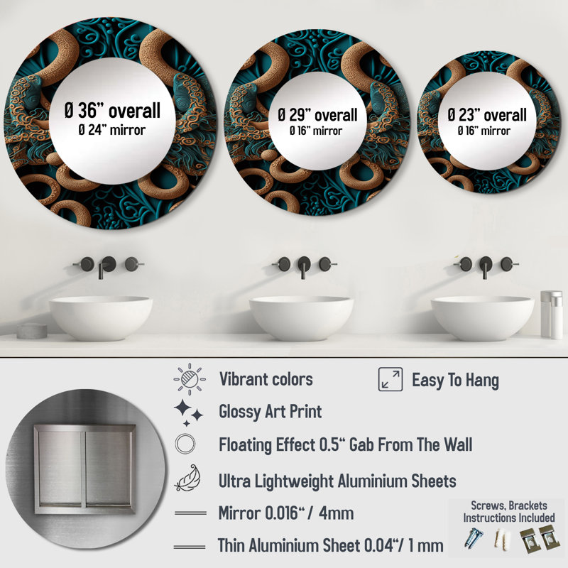 Majestic Otherworldly Octopus - Octopus Decorative Wall Mirror, Brown Large Round Mirror, Printed Metal Art, 36" x 36"