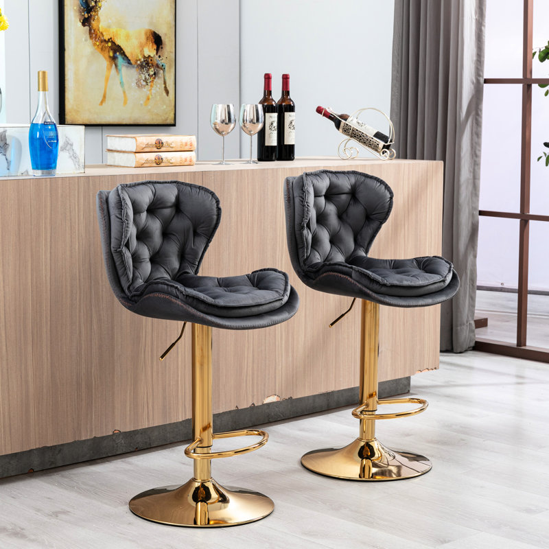 2 tabourets de bar, tissu en velours gris, repose-pieds et base, hauteur réglable par levage mécanique, siège à 2 pieds dorés, par levage, conception des pieds