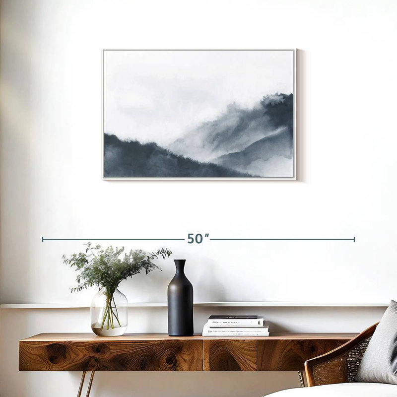 Misty Mountains en gris, Cadre flottant blanc, 31 po x 21 po