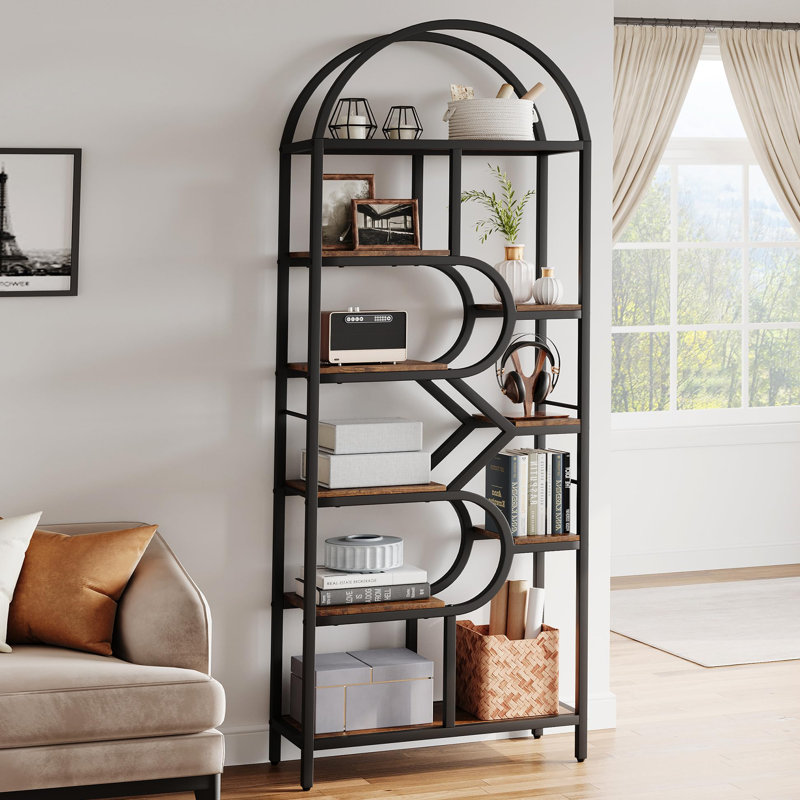 6-Tier Arched Bookshelf, 82" Tall Modern Geometric Bookcase, Large Metal Frame Display Storage Rack, Brown