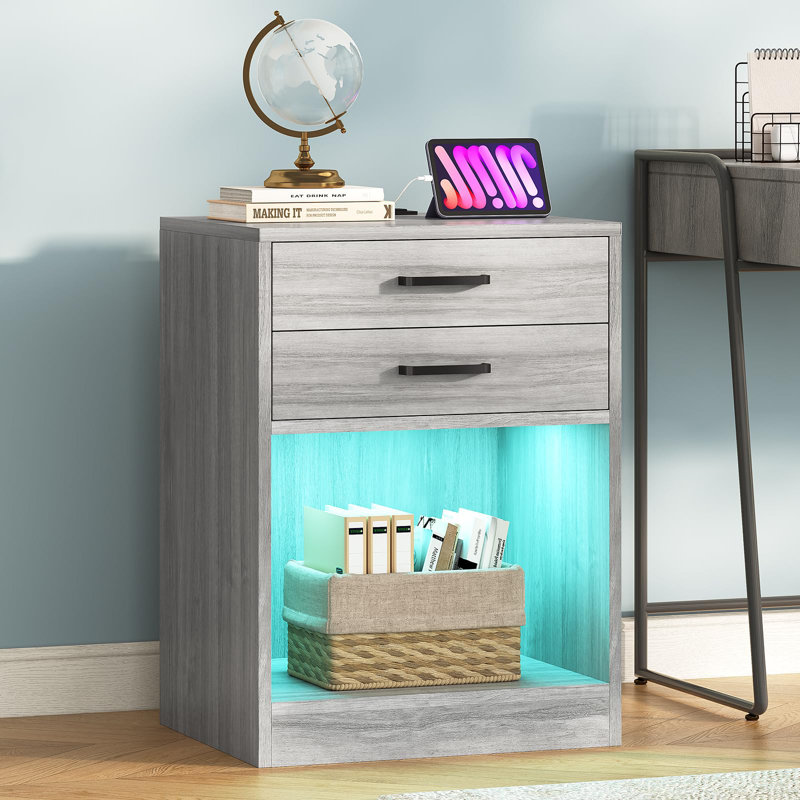 Led Nightstands Set Of 2,nightstand With Charging Station, Bedside Table With Power Outlets And Drawer, Grey/Black
