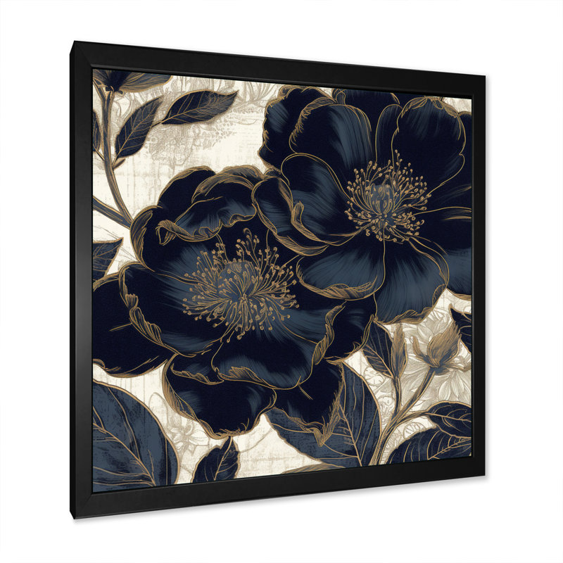 Blue Gold Peony Celebration II, reproduction d'art sur toile, Cadre photo noir, H 16 po x l 16 po x P 1 po