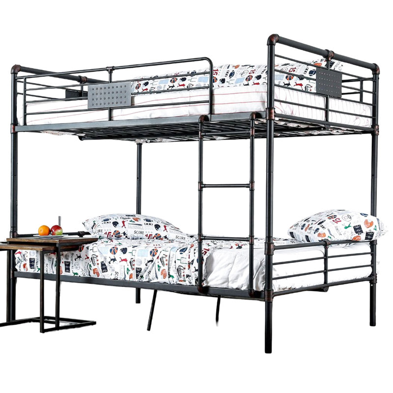 Lit superposé double en métal industriel avec rails de garde supérieurs attachés, structure de tuyau noir antique, accents de cuivre peints à la main, installation rapide pour la chambre à coucher et - conception inspirée, détails, multiples