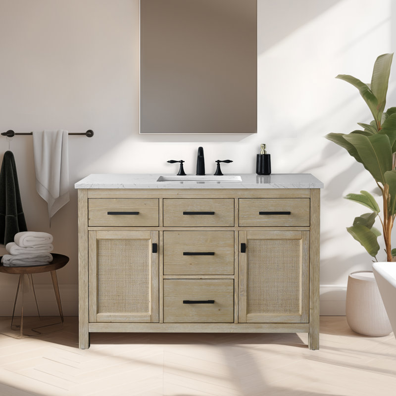 Ensemble de meuble-lavabo simple 48 po avec plateau en pierre Marquist,  Essence de sapin clair
