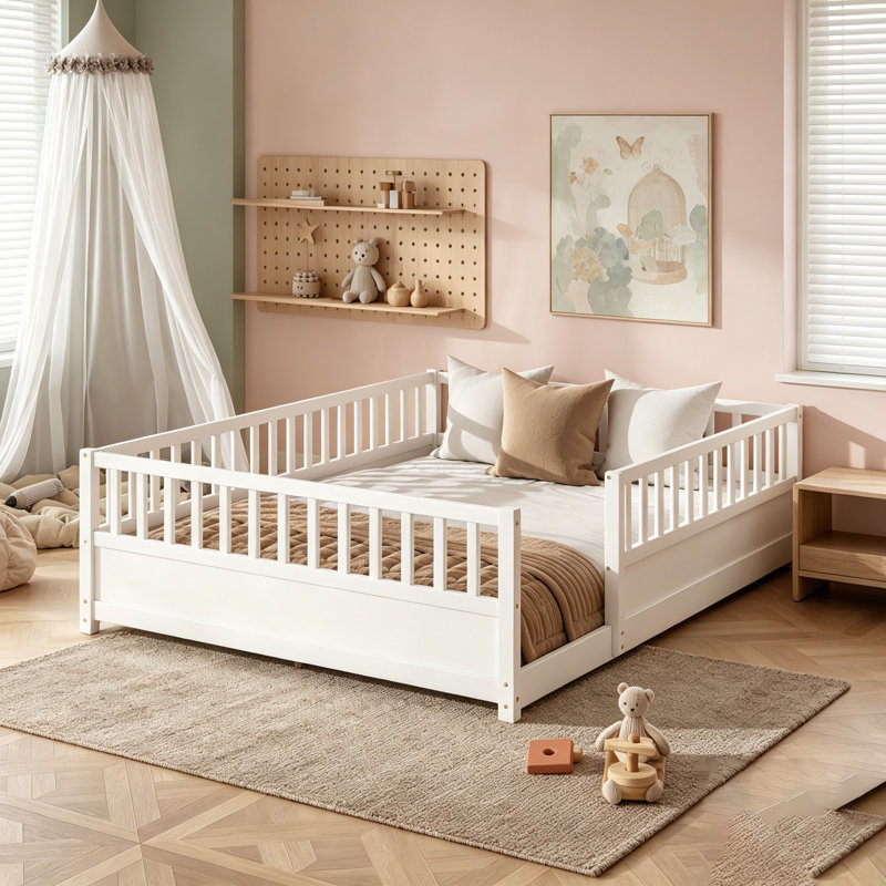 Montessori Wooden Floor Bed With High Security Barrier, Ideal For Children's Safety And Comfortable Sleep, White, Queen