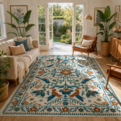  Tapis floral lavable Goldene Boho beige pour le salon, tapis à poils courts avec envers antidérapant pour la salle à manger