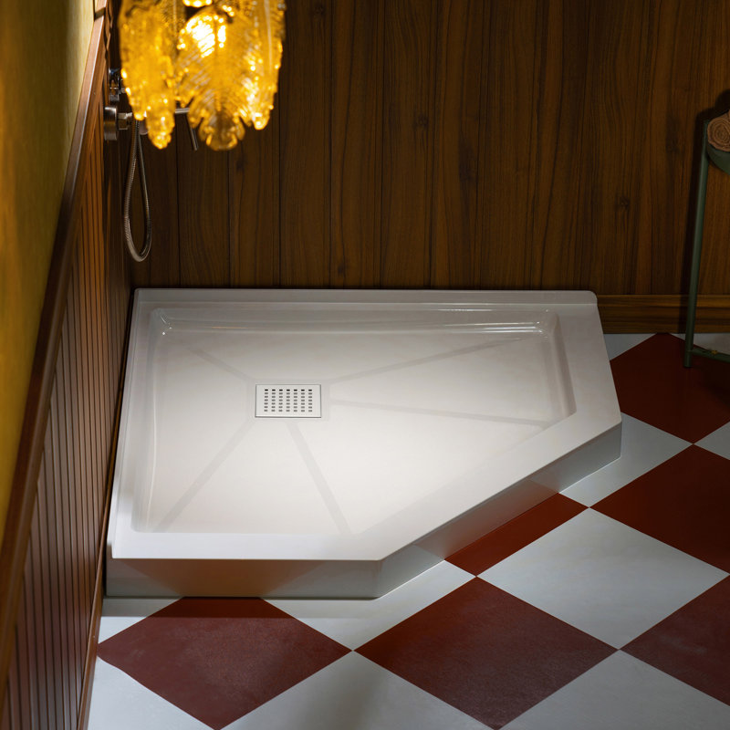 WOODBRIDGE 36 In. X 36 In. Solid Surface Neo-Angle Shower Base Pan In White With Drain Cover, Chrome