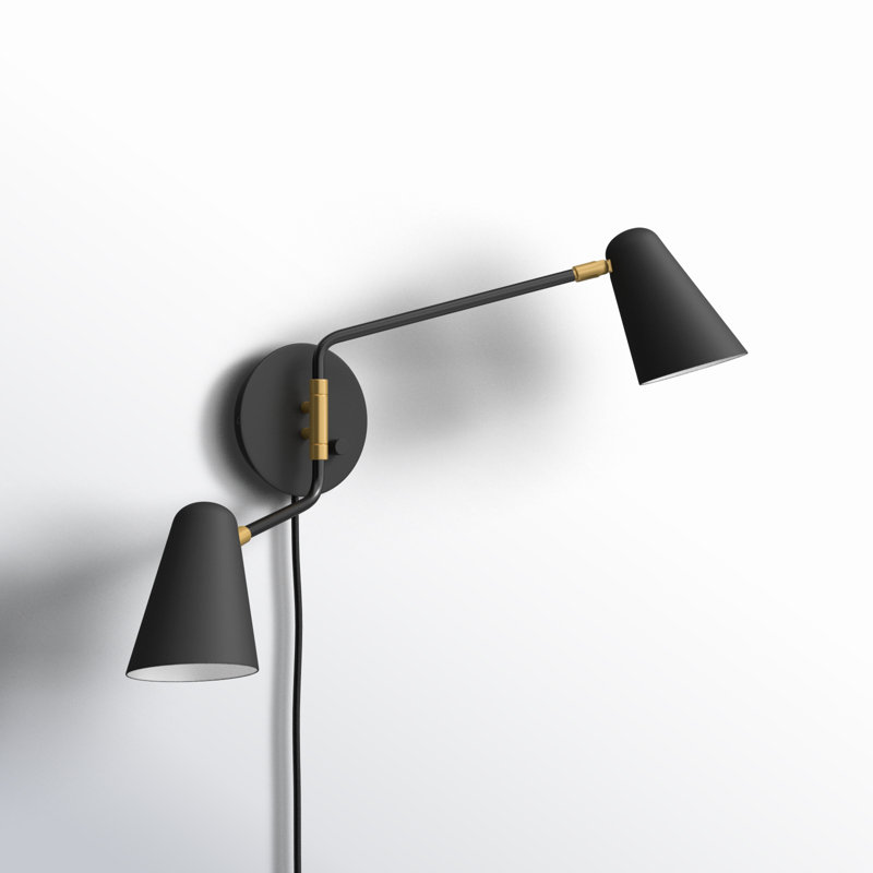 Macie Large Adjustable Swing Arm Two Light Wall Sconce, Black, Black/Lacquered Brass