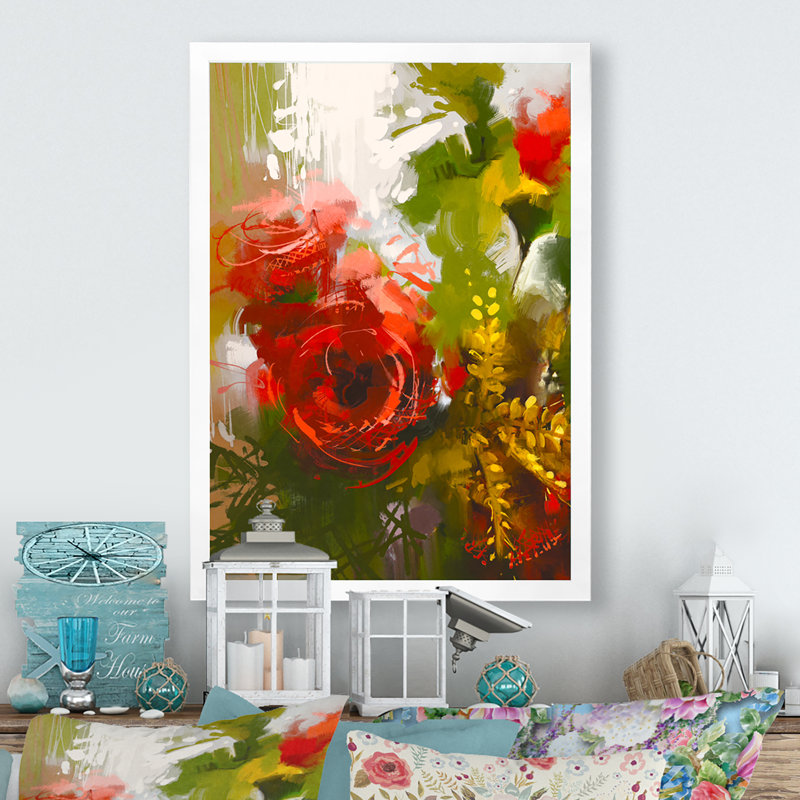 «Grunge Red Bouquet of Red Roses», reproduction sur toile, H 20 po x l 12 po x P 1 po, Cadre photo blanc