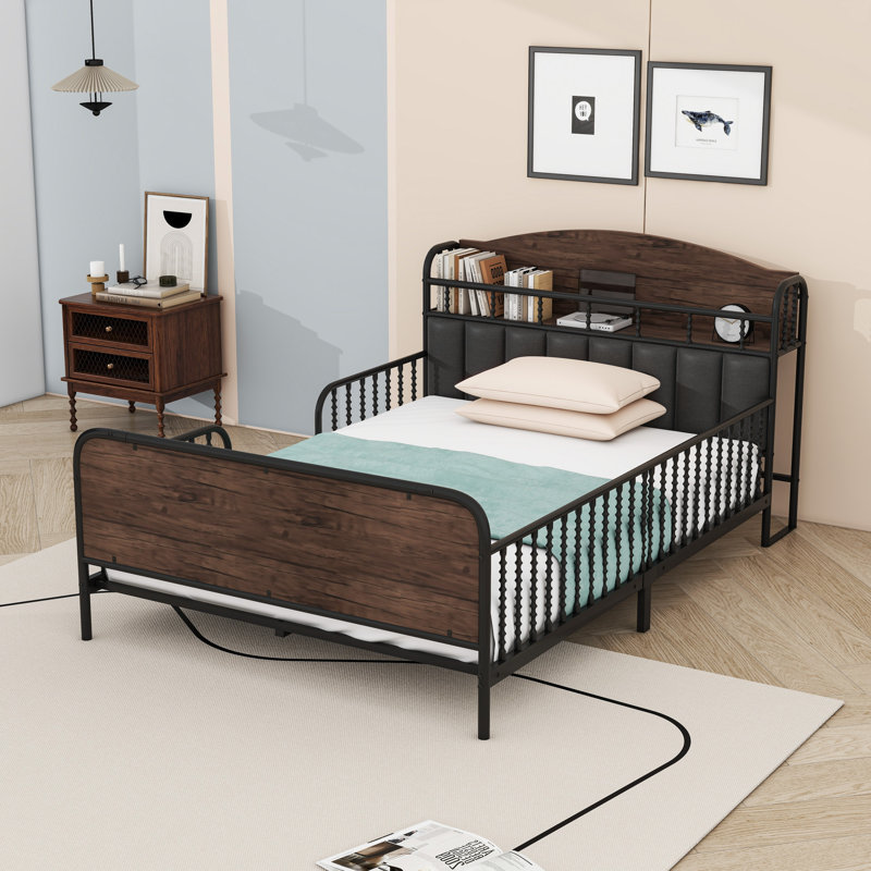 Platform Bed With Multicolor LED Strip, Safety Guardrails, And Storage Shelf, Black, Full