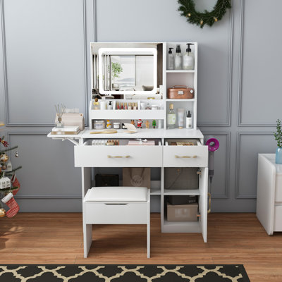 3-Color LED Vanity Mirror With Stool, Pink Dressing Table For Bedroom, 2 Drawers & 5 Storage Cabinets (4 Open + 1 Hidden), Adjustable Lighting by Ebern Designs