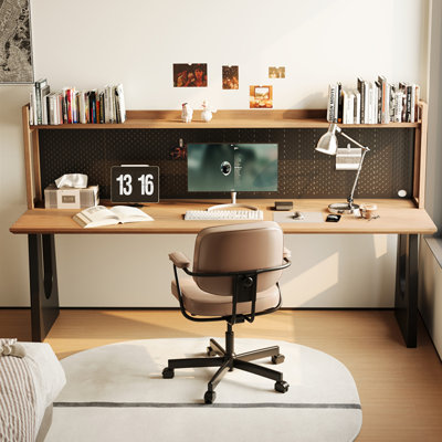 Nut-brown + Black Rectangular Solid Wood + Iron desk