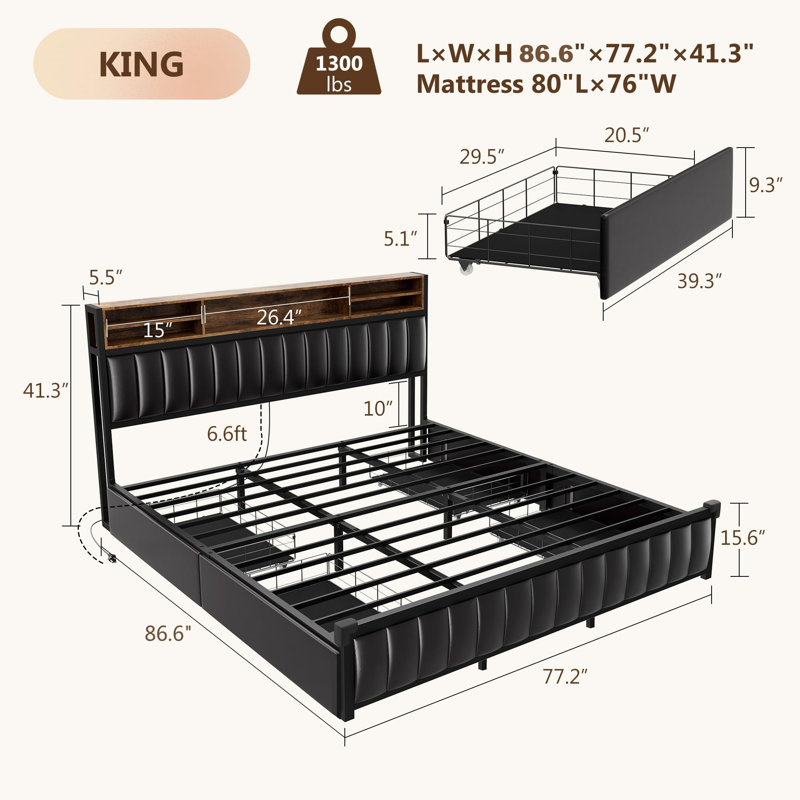 King Size Black Upholstered Bed with LED Lights, Storage Drawers, and Bookcase Headboard