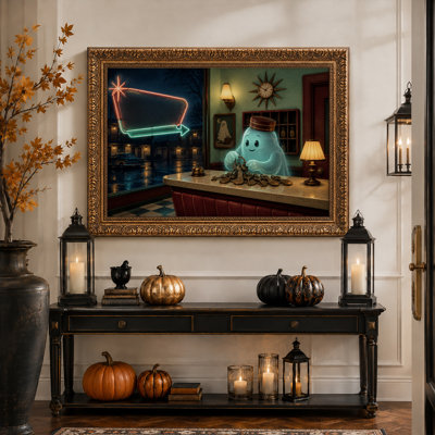 " Glowing Blue Ghost Bellhop With Keys At Retro Halloween " Painting Print