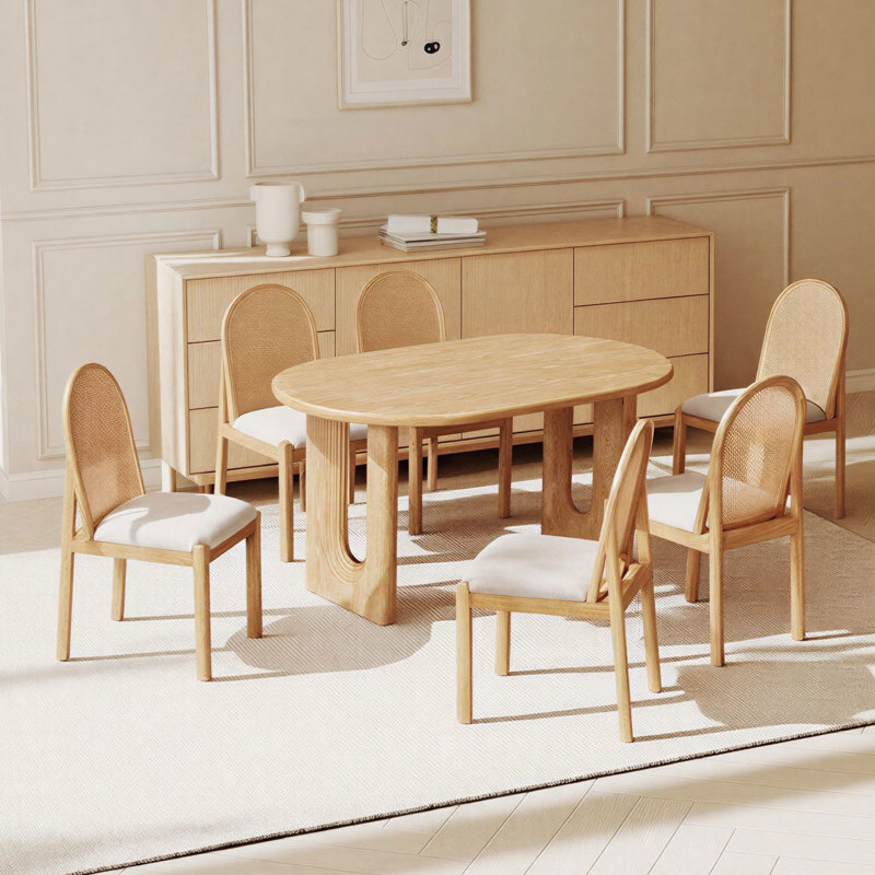 7-Piece Farmhouse Wood Dining Table Set With A Oval Dining Table And 6 Rattan Upholstered Chairs Dining Table For Kitchen & Dining Room