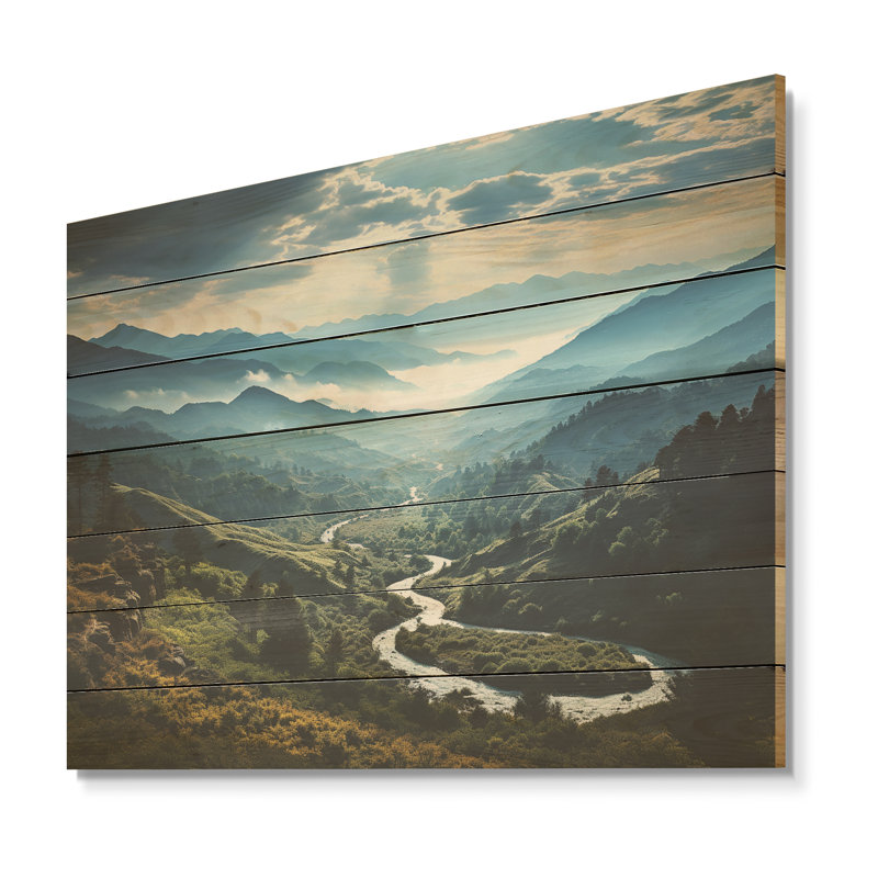 Bleu et vert, paysage de montagne majestueux II - paysage de montagnes sur bois, H 24 po x l 32 po