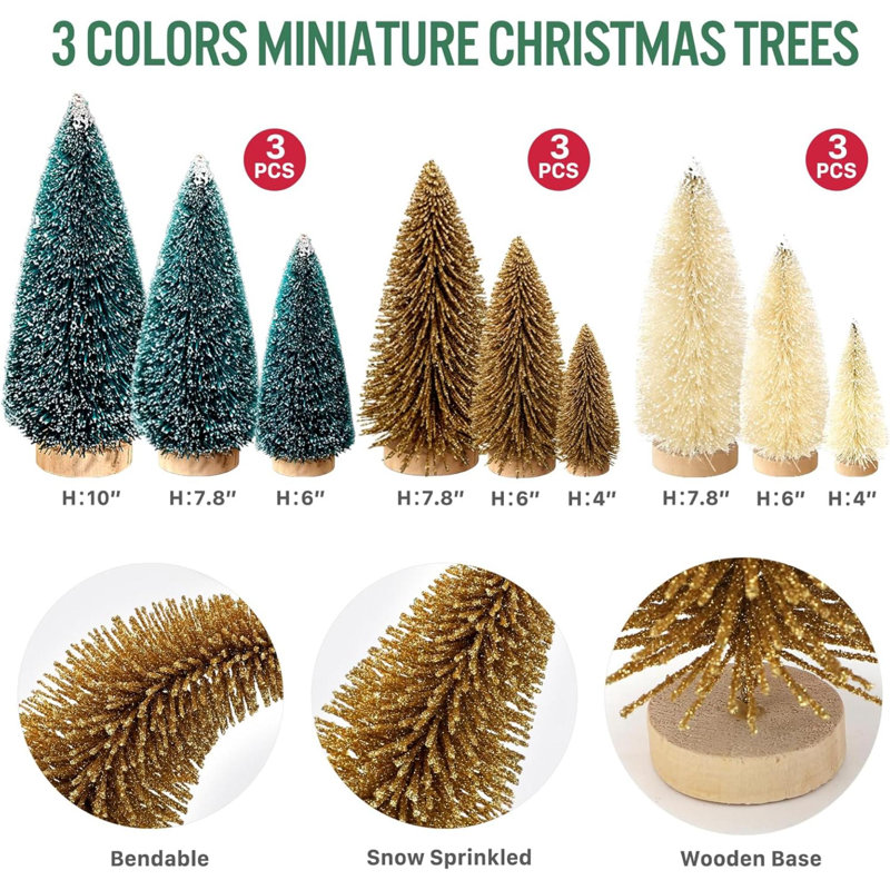 9 pièces de mini sapins de Noël, décorations de Noël artificielles avec 4 tailles, sapin de Noël, arbre de Noël, brosses, décorations de table de Noël (vert foncé, beige doré)