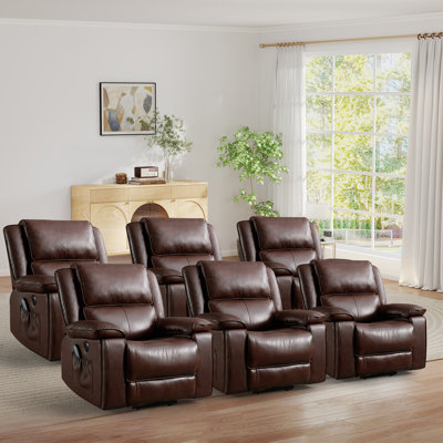 Fauteuil inclinable électrique en cuir véritable de 38,2 po de largeur avec massage chauffant, porte-gobelet dissimulé et port USB (ensemble de 6)