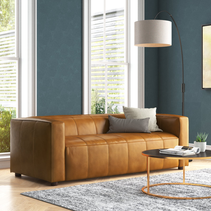Beatryce 80" Genuine Leather Tuxedo Arm Sofa, Camel Top Grain Leather