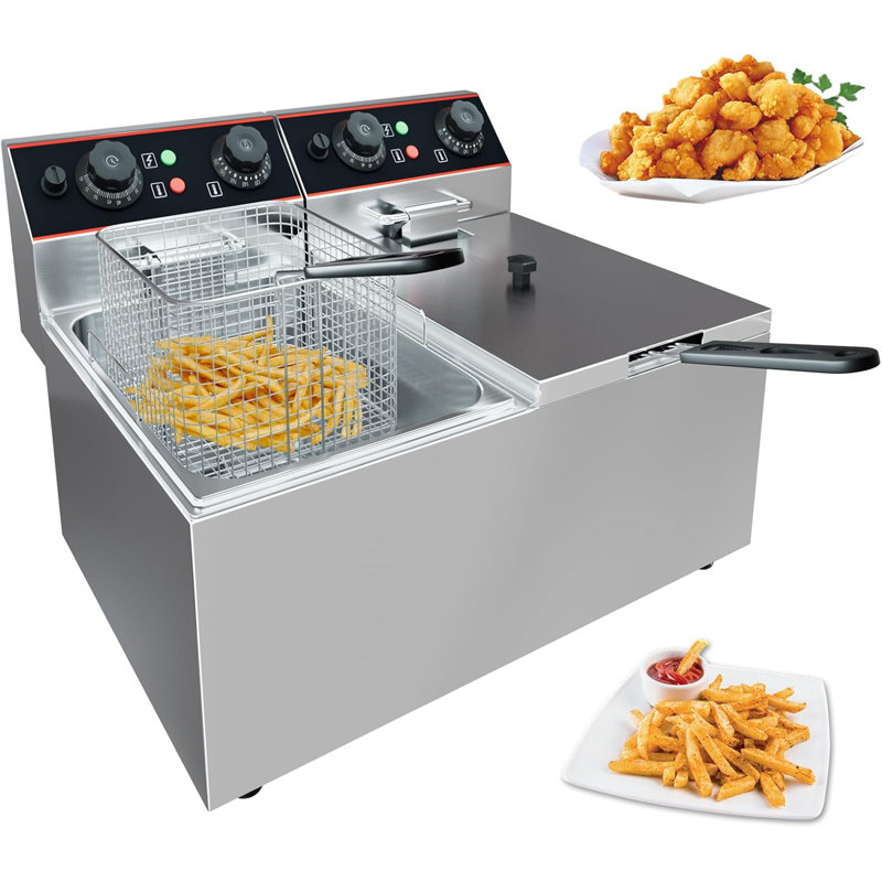 Commercial Deep Fryer with Basket,  Stainless Steel Electric Countertop Fryer with Tanks and Temperature Control for Restaurant and Home Use