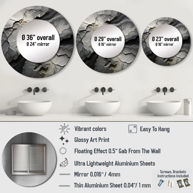 Shattered Grey Stone Geode Minimalism - Stone Geode Decorative Mirror, Traditional Round Wall Mirror, Printed Metal Art