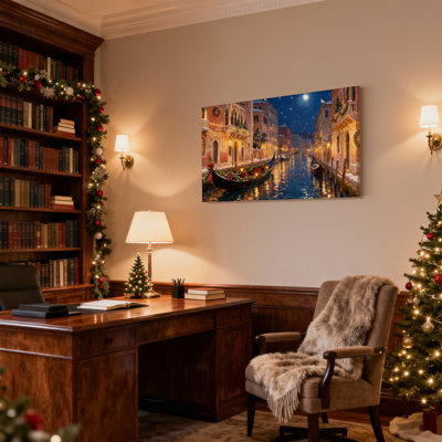 «Christmas Venice Night Christmas Gondola Lights Snow Moon», ensemble de 3 impressions sur toile