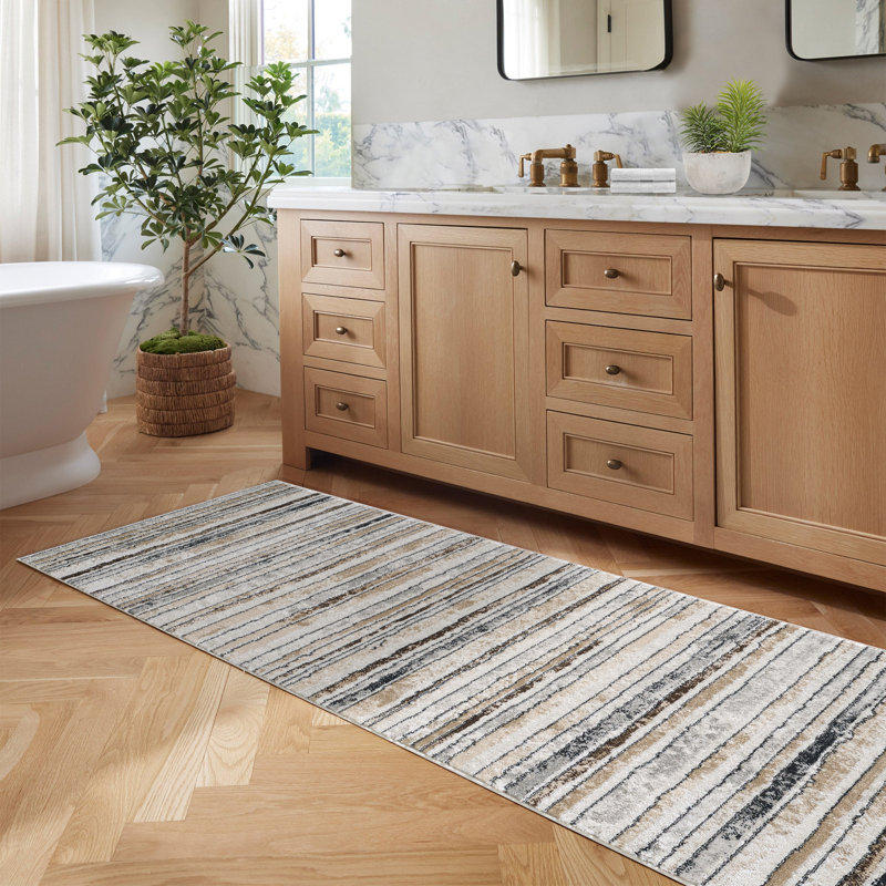 Modern Minimalist Striped Area Rug in Brown/Cream/Gray for Living Room, Hallway, Entryway Rugs, Runner 2'8" x 7'3"