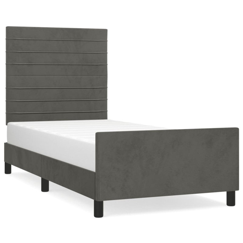 Gadiaga Bed Frame with Headboard, Twin, Velvet, Dark Gray/Black