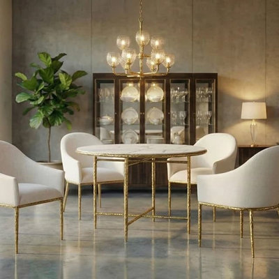 Table de salle à manger ronde Balvi avec piétement à quatre pieds, fini or mat