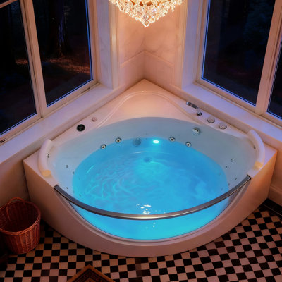 Spa à 16 jets pour massage à 59 pouces pour deux personnes, conception de coin en acrylique avec chauffage et plancher arc-en-ciel automatique, massage fiable pour 2 personnes, éclairage, couleur blanc laiteux
