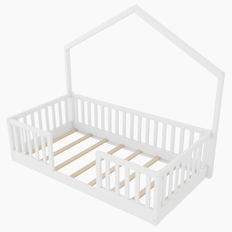 Twin Floor Bed With High Rails, En Montessori Bed With Light For Kids, Boys And Girls, Twin, White