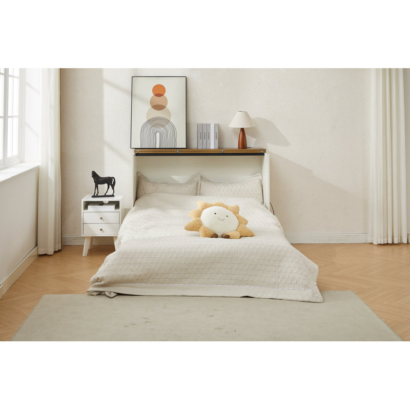 Farmhouse Queen Murphy Bed with Large Storage Drawer & Charging Station, White, Queen