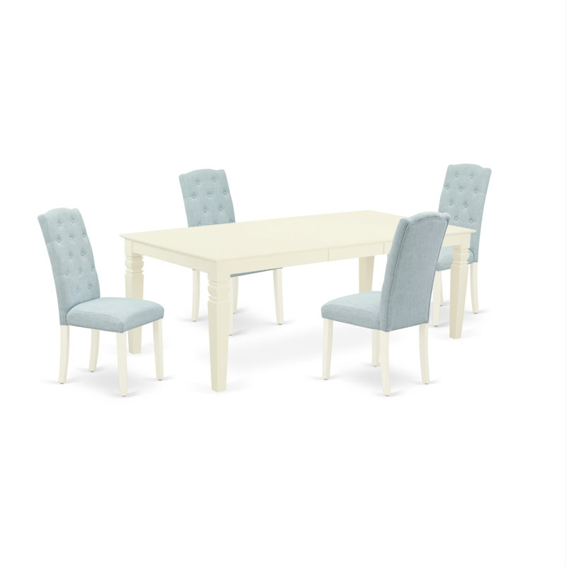 5 Piece Dining Table Set for 4 Includes a Rectangle Kitchen Table with Butterfly Leaf and 4 Mineral Blue Linen Fabric Parson Chairs, Black