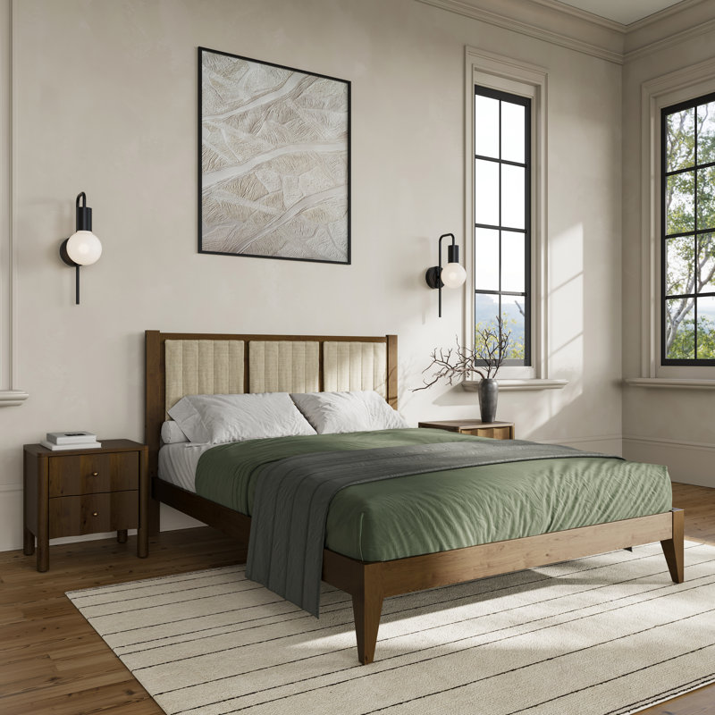 Henry Solid Wood Upholstered Headboard Bed Frame, Queen, Walnut