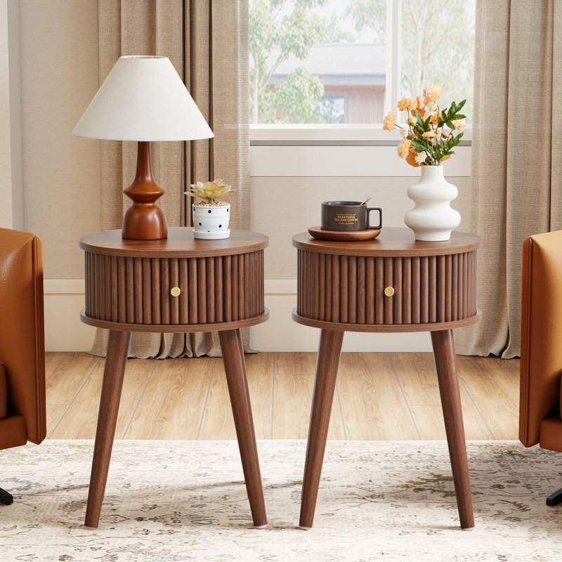 Table de bout ronde avec pieds en bois massif, Noyer