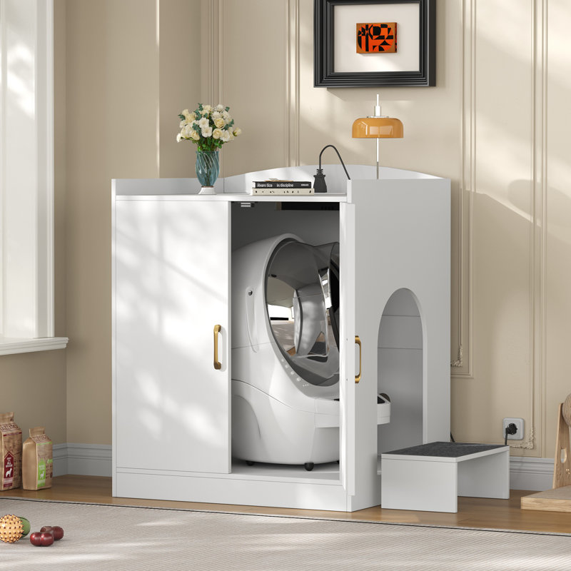 Cat Litter Robot Enclosure, Large Hidden Litter Box Furniture with Charging Station, Suitable for Automatic/Self-Cleaning Cats Litter Boxes and Litter Robot 3/4, Modern, White 84B6385A62794B8084579F266727AF71