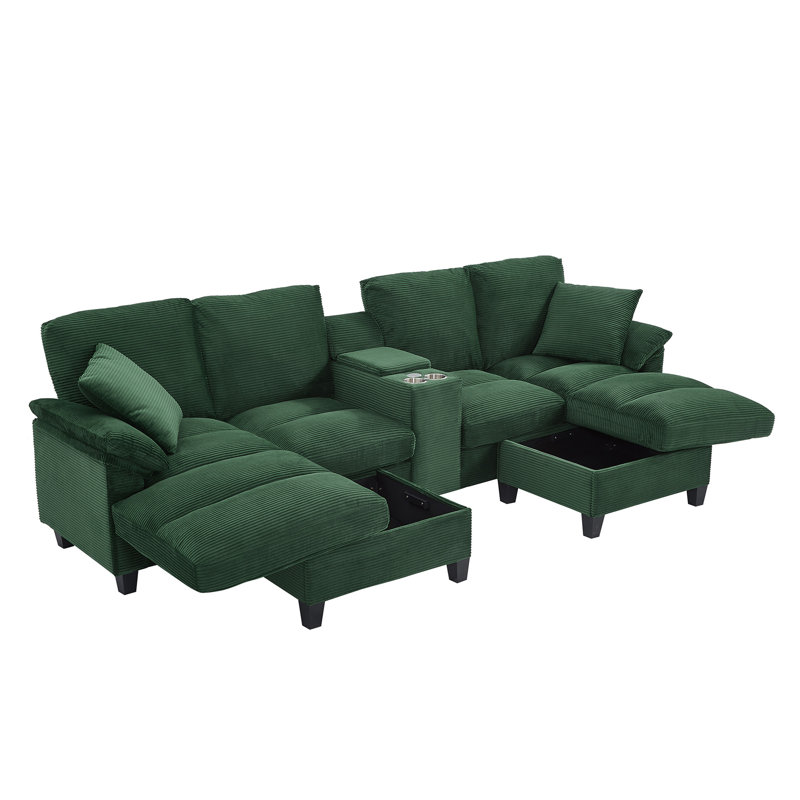 117" Oversized U-Shaped Sofa With 2 Storage Ottomans, Green Corduroy