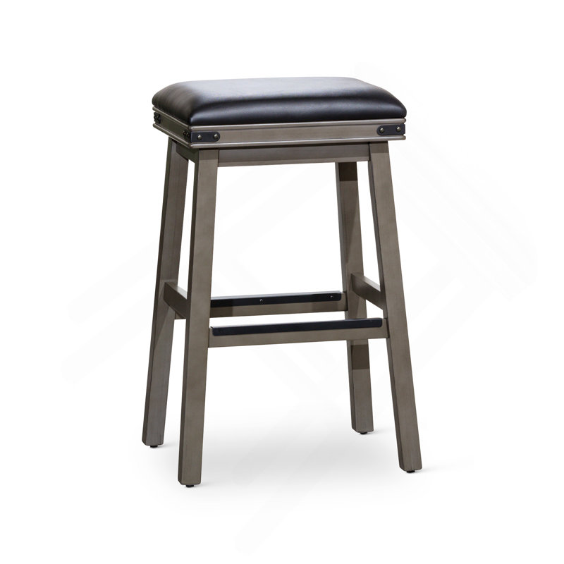 30" Bar Stool, Weathered Gray Finish, Black Leather Seat, Gray