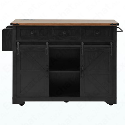 53.7" Farmhouse Kitchen Island With Power Outlet, 2 Sliding Barn Door Kitchen Storage Island With Drop Leaf, Spice Rack Rolling Kitchen Cart On Wheels, For Home, Kitchen And Dining Room, Black