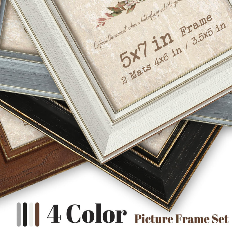 5X7 Picture Frame Set Of 4 With 2 Mats, Rustic Farmhouse Photo Frame With Tempered Glass, Distressed Vintage Frame 3.5X5 & 4X6 With Mat Or 5X7 Without Mat For Wall Or Tabletop Display Home Office Gift