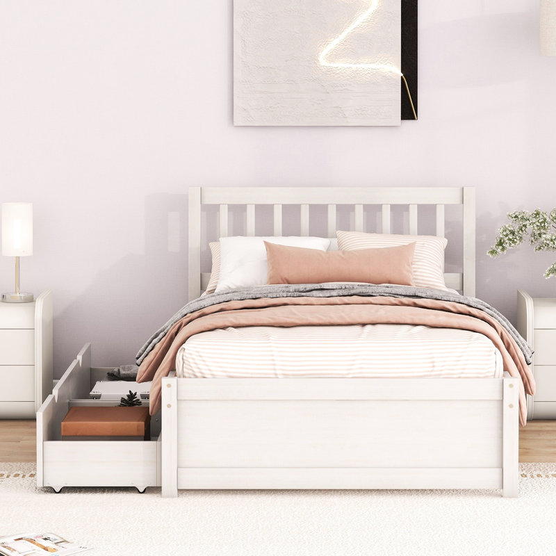 Lit plateforme simple avec tiroirs en blanc délavé - Fabrication en bois d'hévéa pour une chambre à coucher moderne lavée 2 espaces de rangement efficaces Rénovation de matériaux de qualité